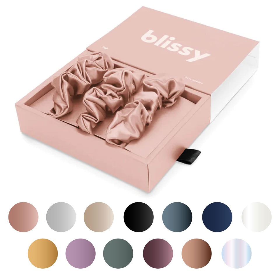 BLISSY pink scrunchie front packaging showing three-piece set and premium look