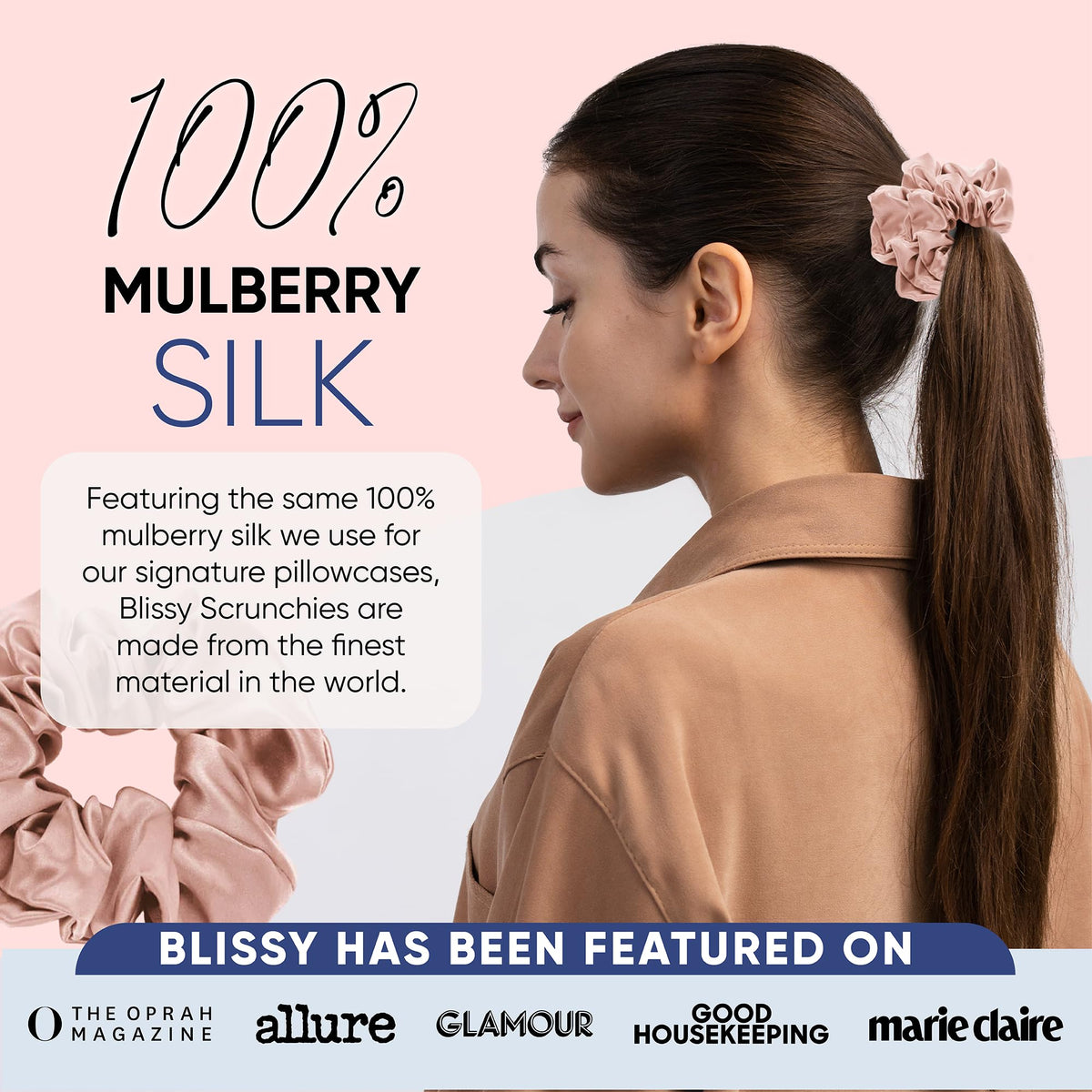 BLISSY scrunchie next to ruler showing size and fit for various hair volumes