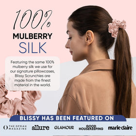 BLISSY scrunchie next to ruler showing size and fit for various hair volumes