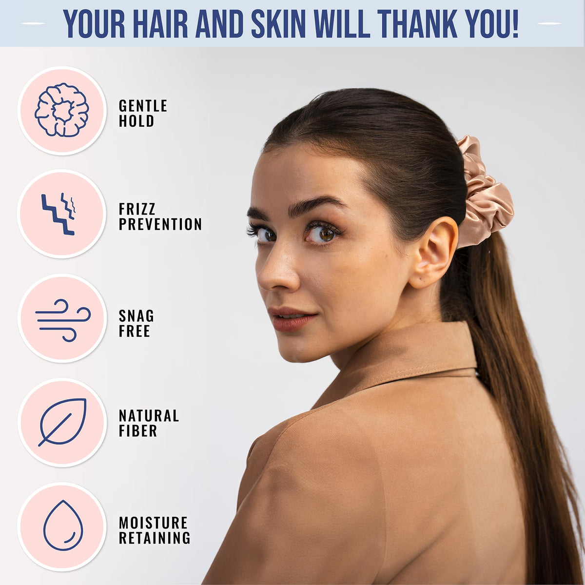 BLISSY scrunchie worn in a ponytail showing gentle hold and reduced hair creasing benefit