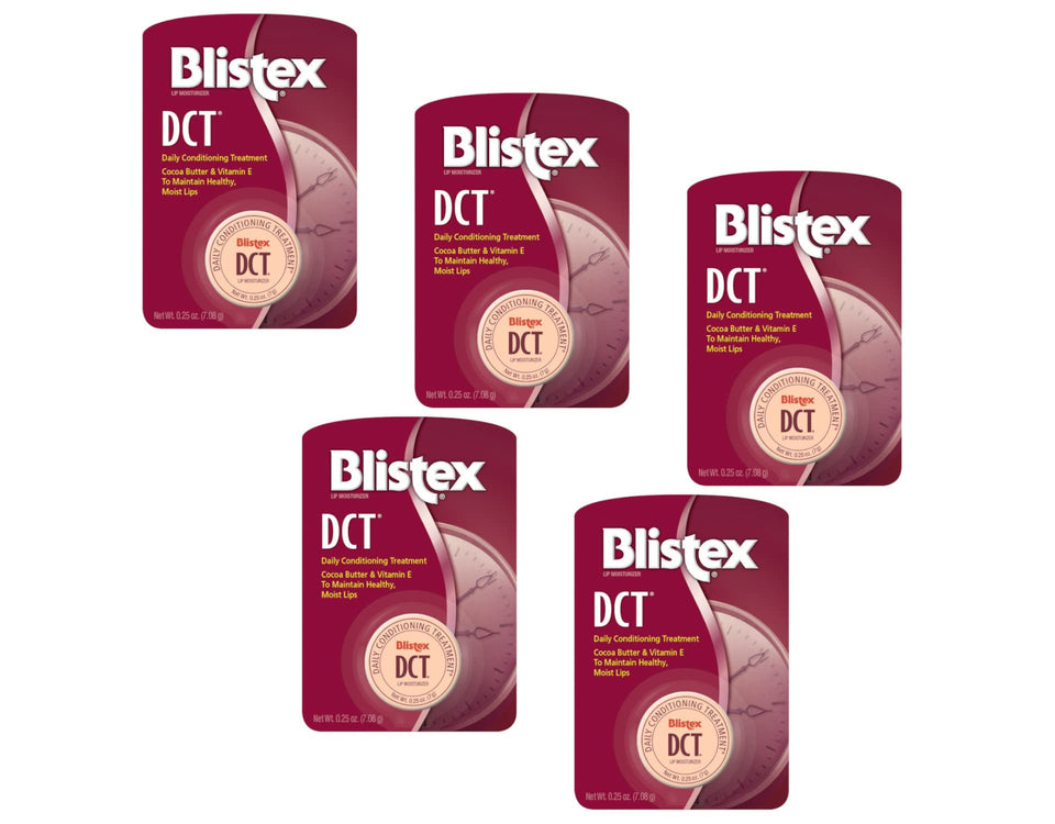 Blistex DCT front packaging showing five tubes, brand for convenient hydration