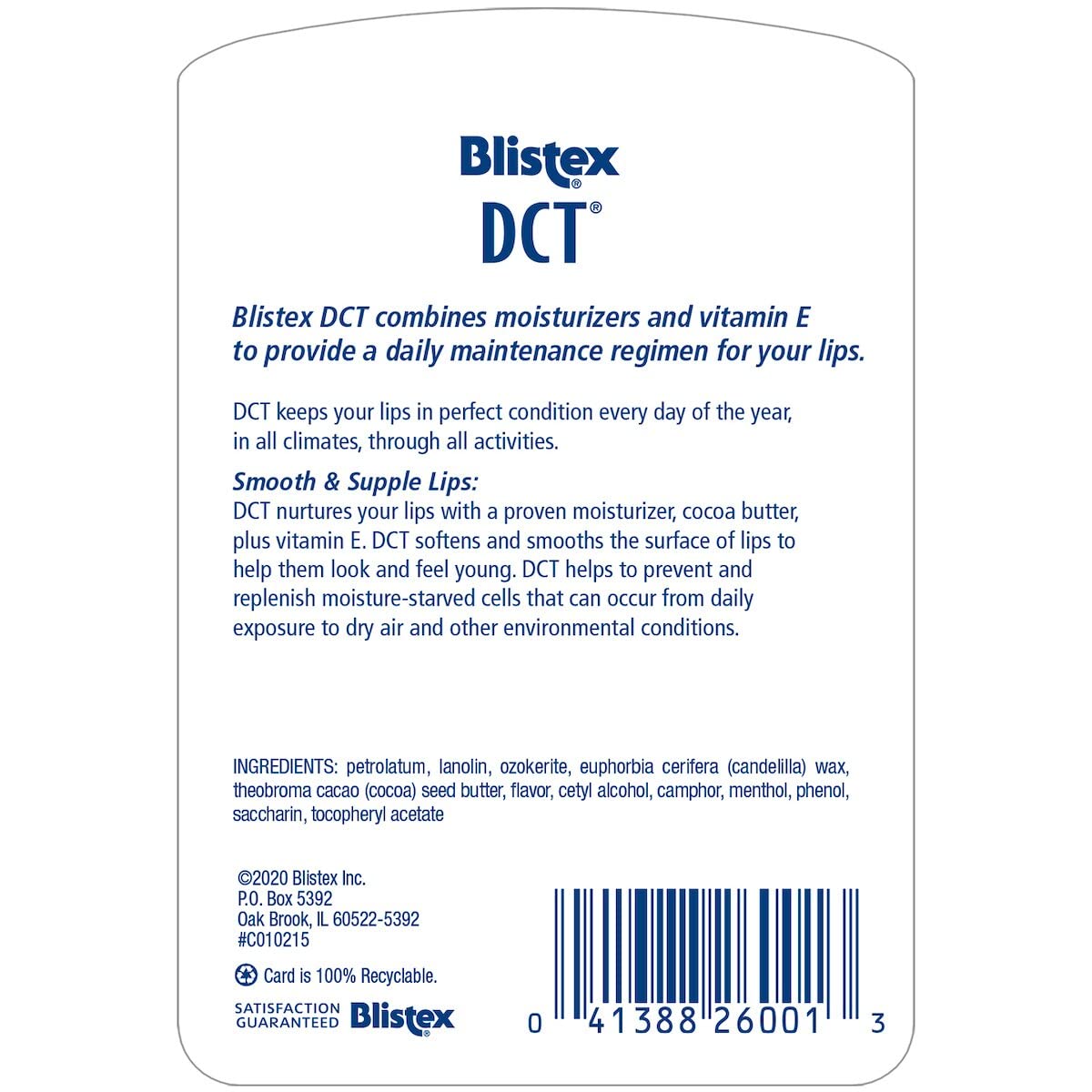 Close-up of Blistex DCT tube tip and balm texture highlighting smooth application
