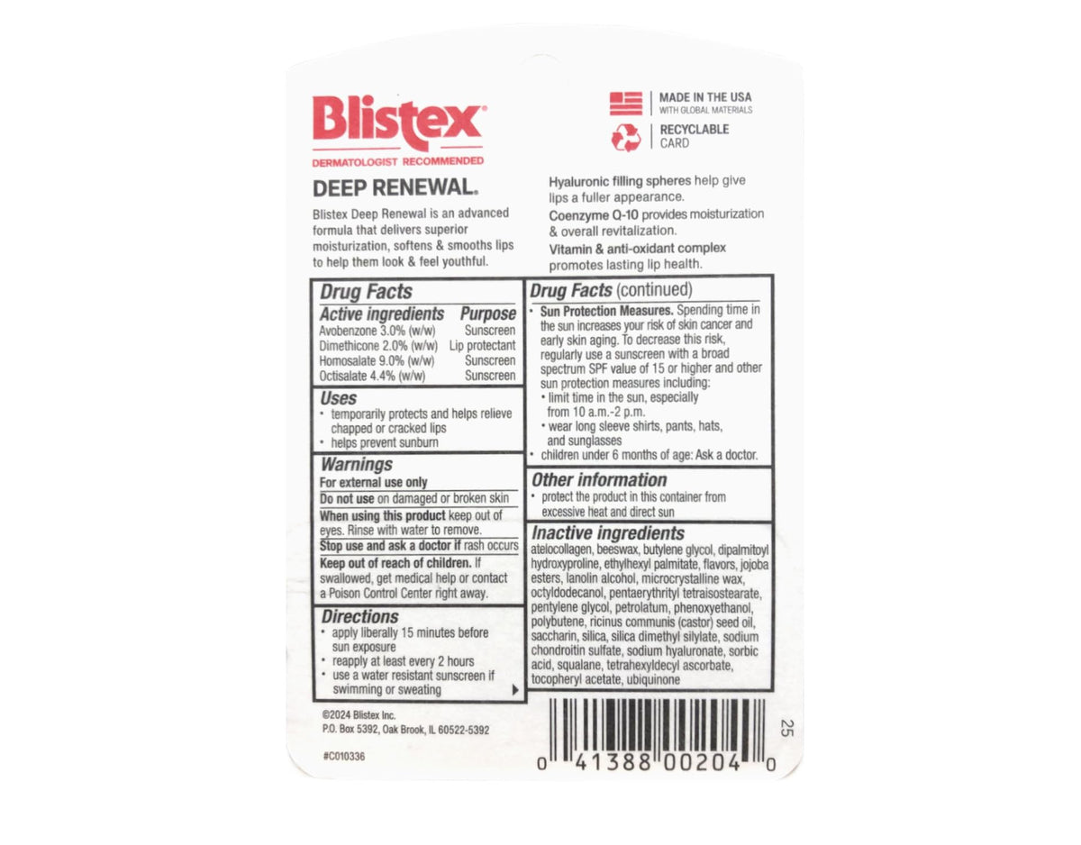 Blistex Deep Renewal ingredient label close-up highlighting key actives and benefits