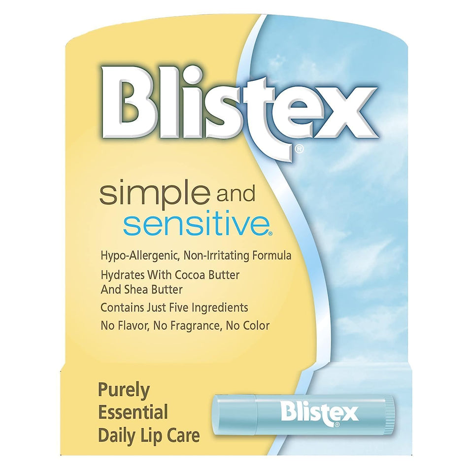Blistex front packaging showing simple unscented balm, clear hypoallergenic benefit