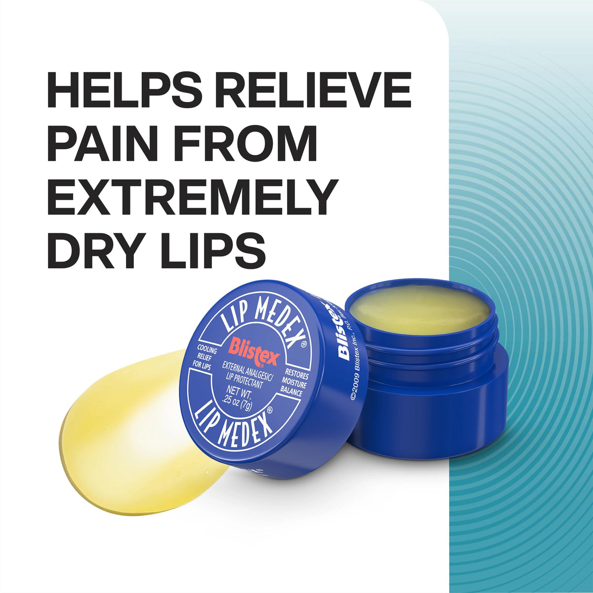 Blistex twist-up stick detail showing applicator tip and easy dispensing benefit