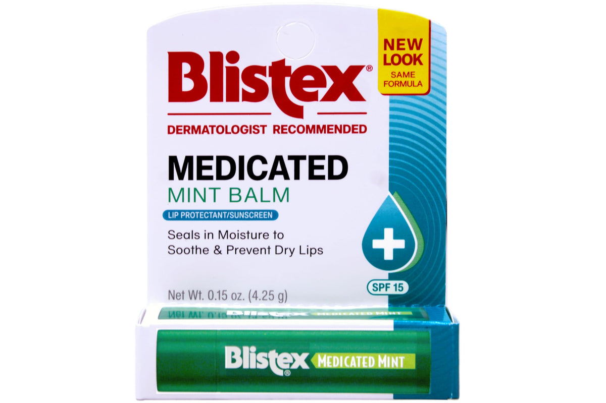 Blistex front packaging showing medicated mint and SPF15 protection