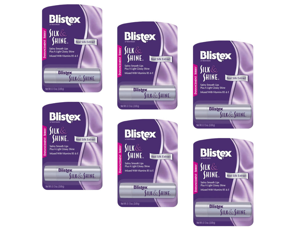 Blistex Silk & Shine front packaging showing six tubes and product identity benefit portability