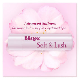 Model applying Blistex to lips showing instant smoothing and protective benefit