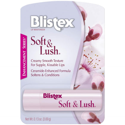 Blistex front packaging showing three soft and lush lip balm sticks for everyday hydration