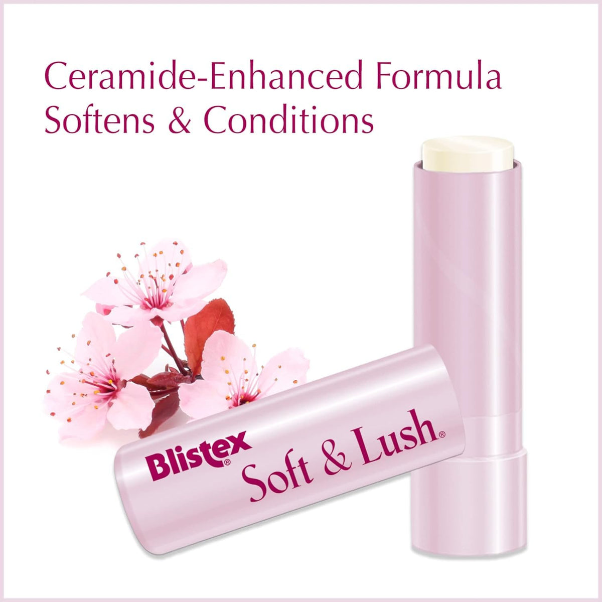 Close-up of Blistex ingredients list highlighting ceramide-enhanced formula for moisture retention