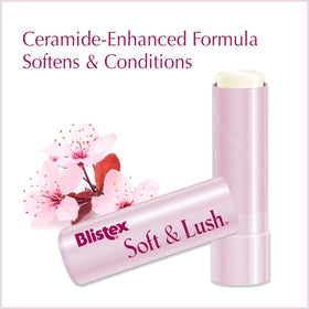 Close-up of Blistex ingredients list highlighting ceramide-enhanced formula for moisture retention