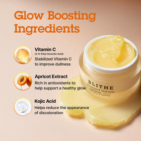 BLITHE ingredient focus with Vitamin C visuals highlighting brightening benefit