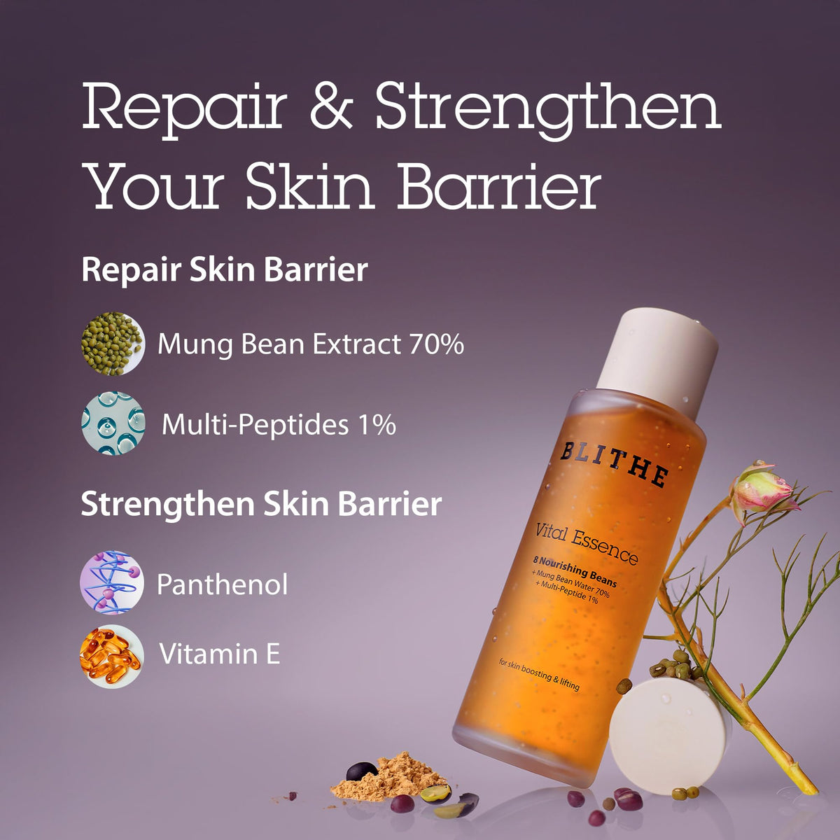 BLITHE eight-bean extracts flatlay highlighting antioxidant blend