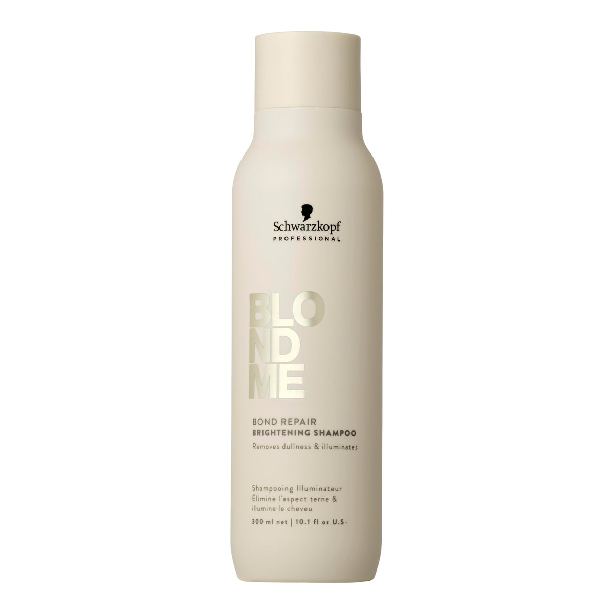 BlondMe shampoo front pump showing packaging and easy dispensing benefit