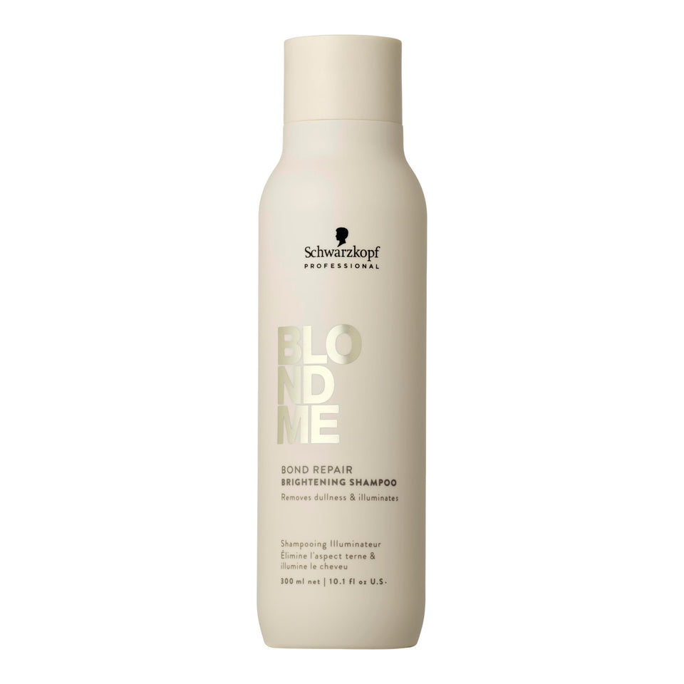 BlondMe shampoo front pump showing packaging and easy dispensing benefit