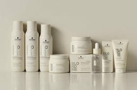 BlondMe bottle on bathroom shelf lifestyle showing everyday salon care benefit