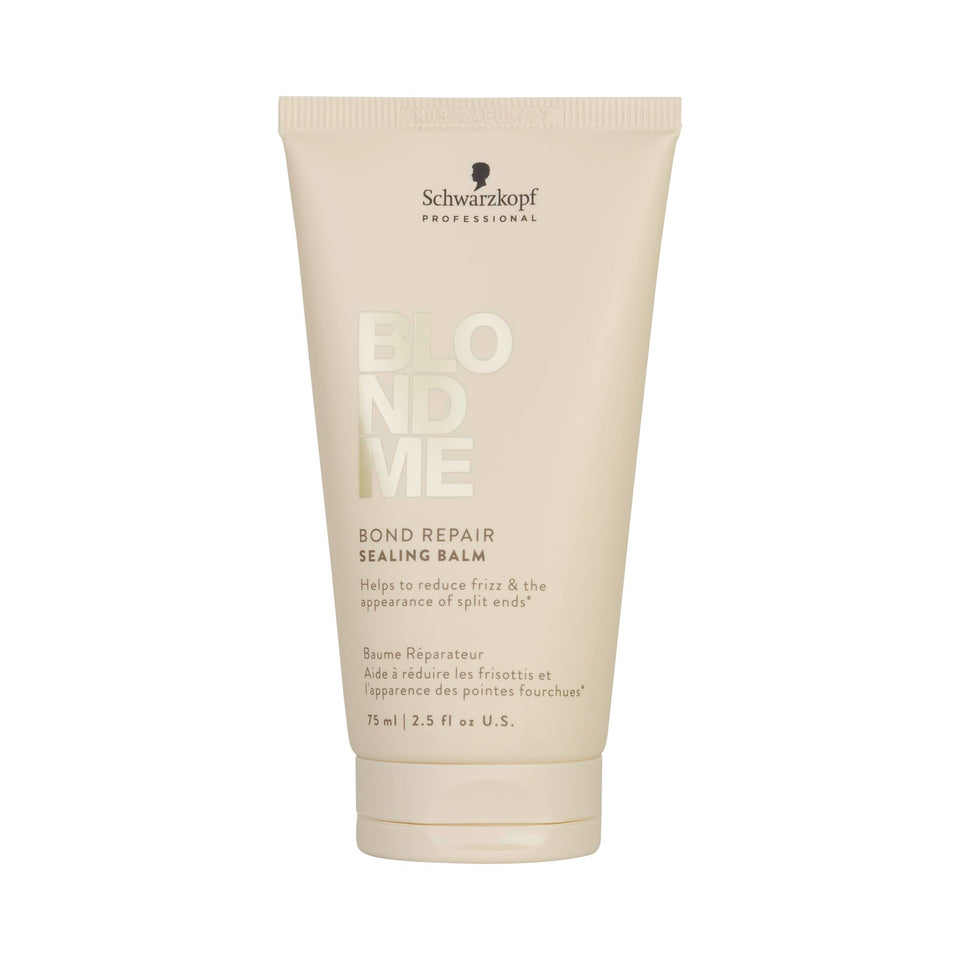 BlondMe front packaging showing the sealing balm bottle and benefits