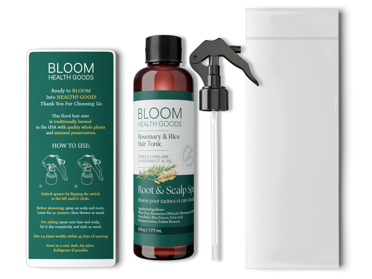 Bloom Health Goods spray in use on scalp demonstrating easy application and non-greasy feel