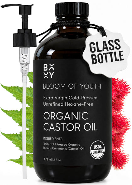 Bloom of Youth front bottle view showing organic castor oil and clean label benefits
