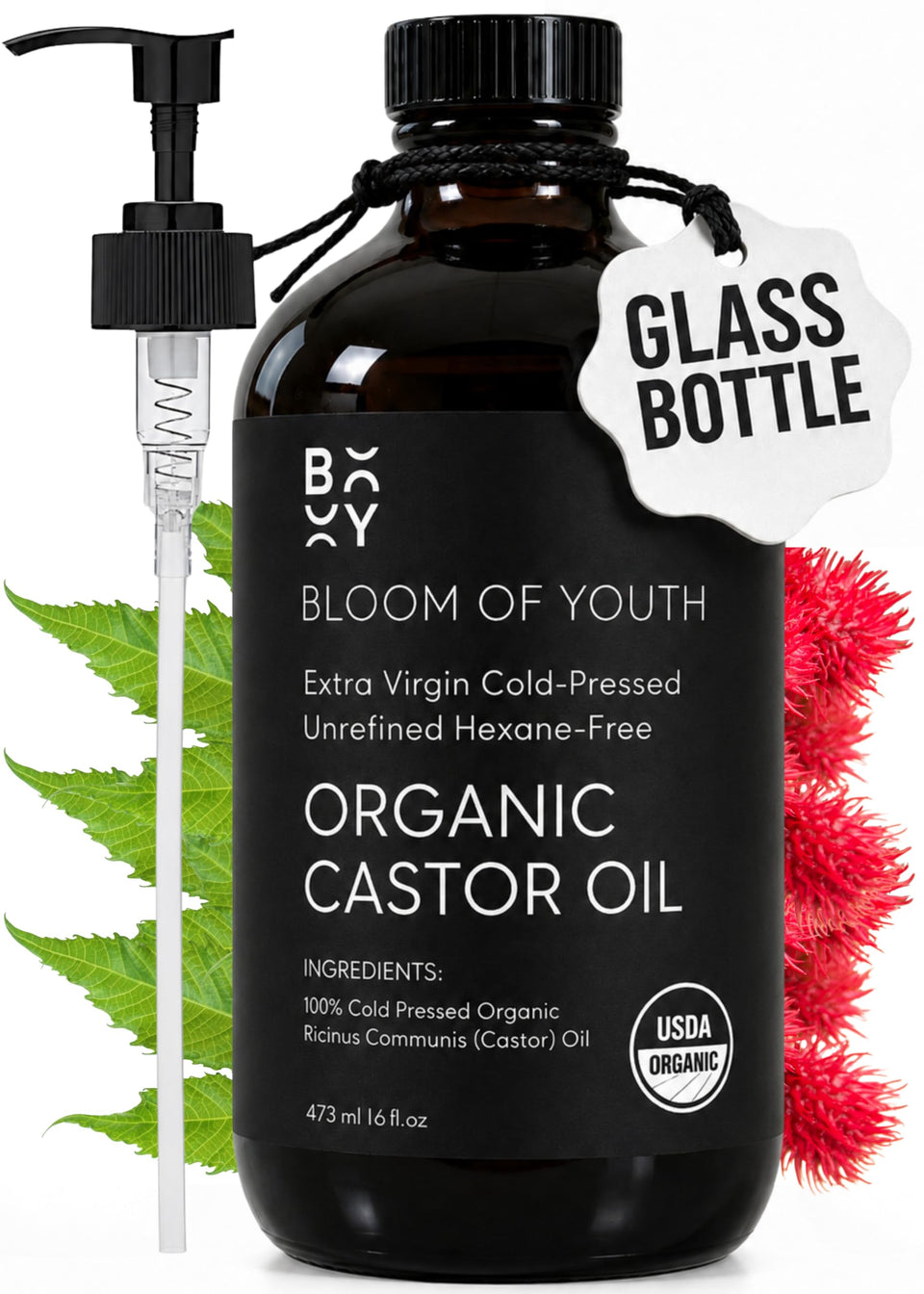 Bloom of Youth front bottle view showing organic castor oil and clean label benefits