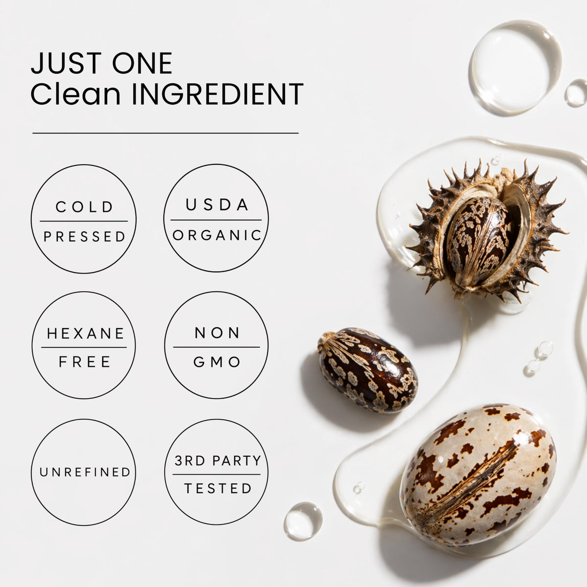 Bloom of Youth pump dispensing castor oil on hand for controlled, mess-free use