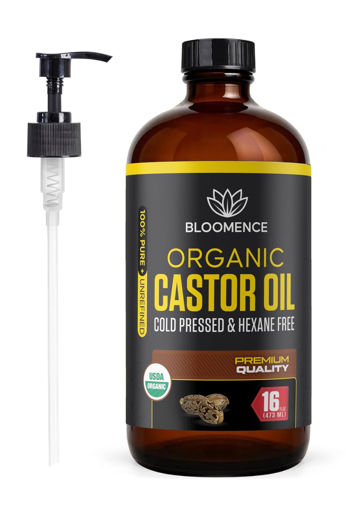 BLOOMENCE amber glass bottle front view showing organic label and protective packaging benefit