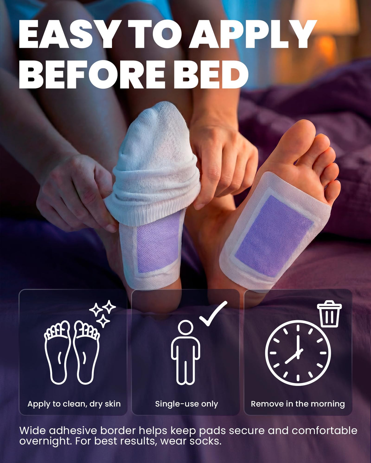 BloomLab pad applied to sole at night demonstrating easy adhesive application