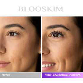 Blooskim lashes before and after illustrating natural volume and fuller-looking lashes