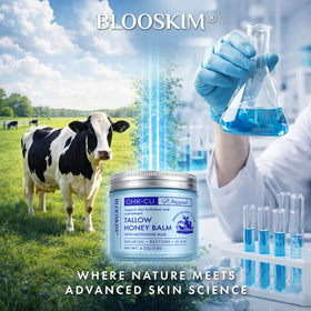 Blooskim jar on bathroom vanity lifestyle scene suggesting daily routine benefit