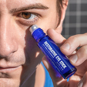 Blu Atlas application under eye demo demonstrating de-puffing massage and refresh benefit