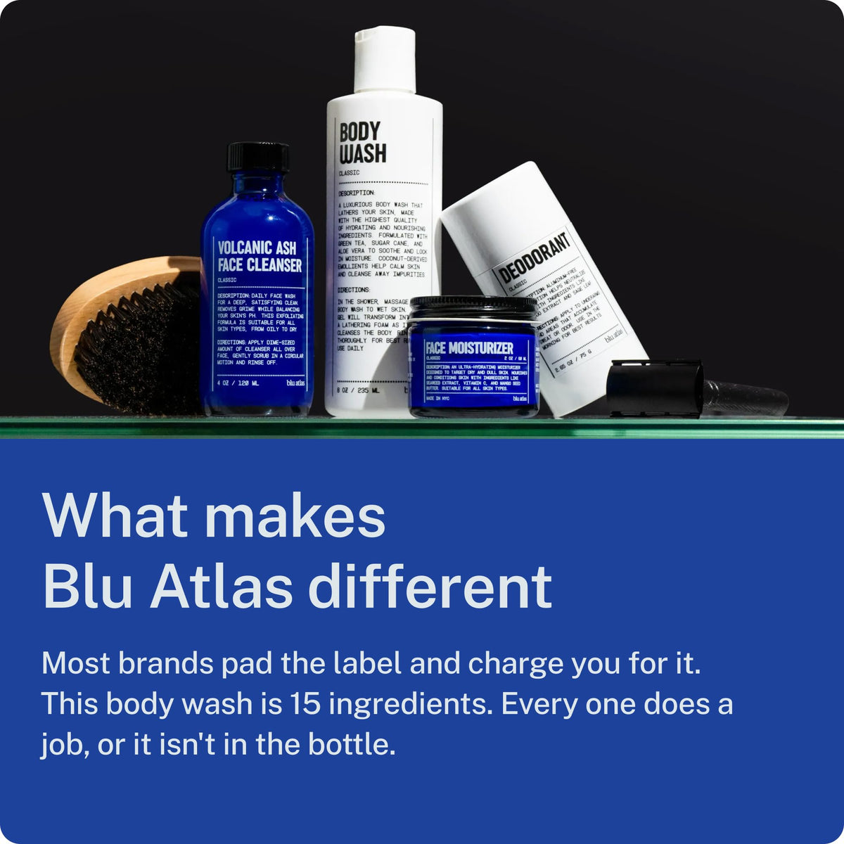 Blu Atlas bottle on bathroom shelf styled with towels showing decor-friendly presentation benefit