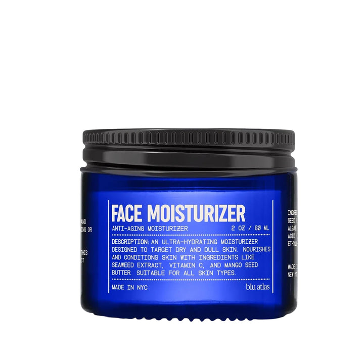 Blu Atlas front packaging showing the 2 oz moisturizer and clear branding benefit simplicity