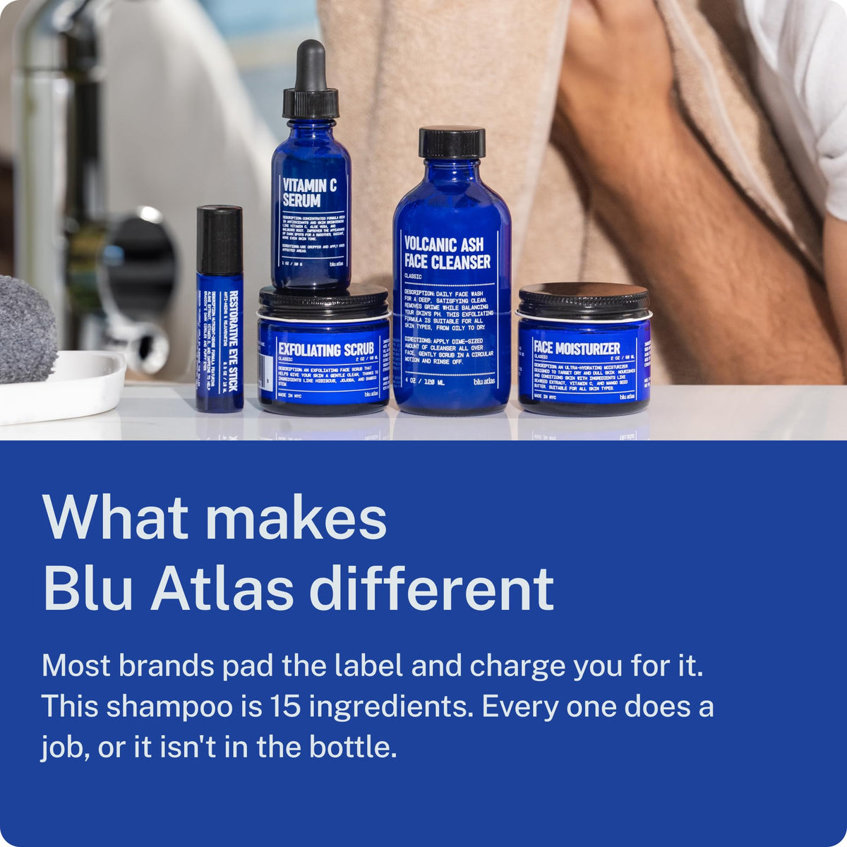Blu Atlas ingredients display with jojoba and aloe for soothing scalp support