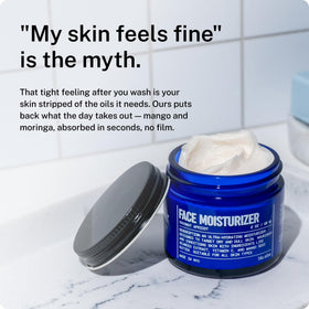 Blu Atlas open jar texture close-up highlighting smooth cream and quick absorption benefit