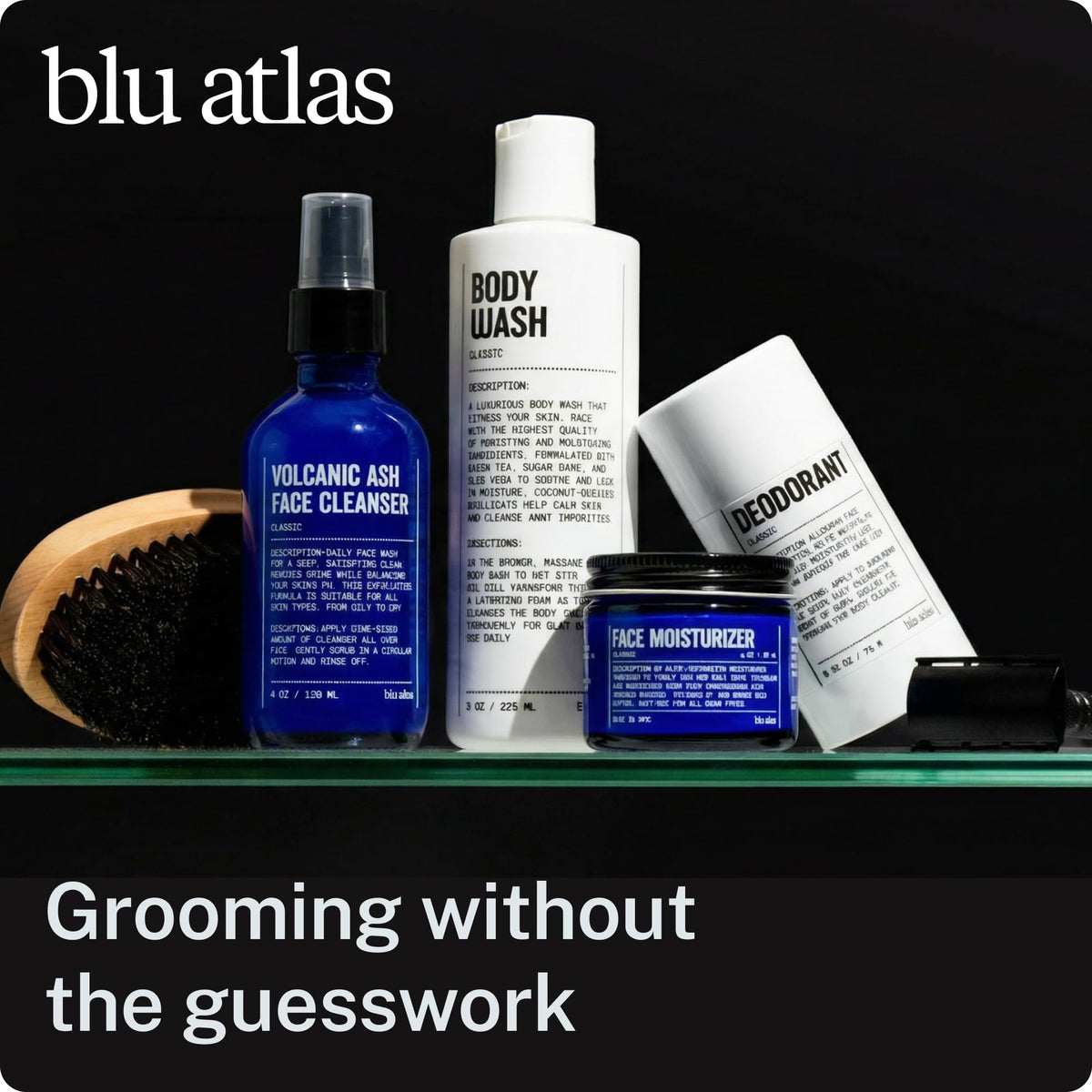 Blu Atlas ingredients flatlay featuring bentonite charcoal pomegranate benefits