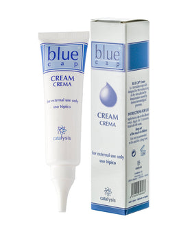 Blue Cap size and label display indicating product information and practical volume
