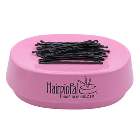 Blue Feather HairpinPal front view showing Raspberry Mauve bowl and tidy storage benefit
