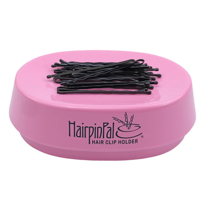 Blue Feather HairpinPal front view showing Raspberry Mauve bowl and tidy storage benefit