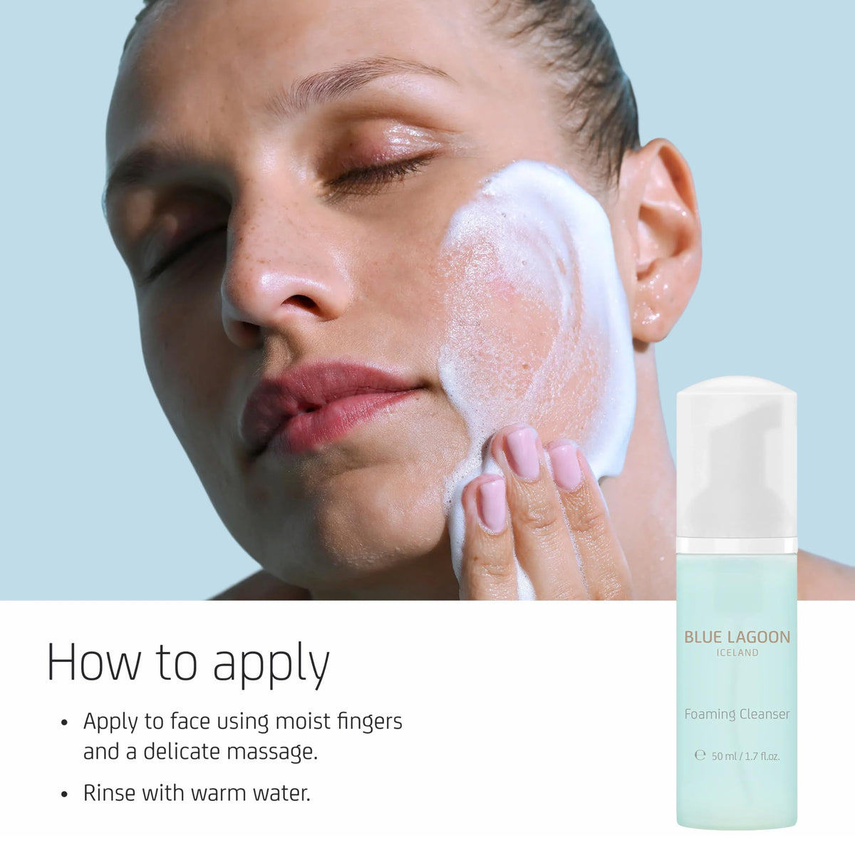 Blue Lagoon cleanser on bathroom shelf lifestyle suggesting daily routine ease