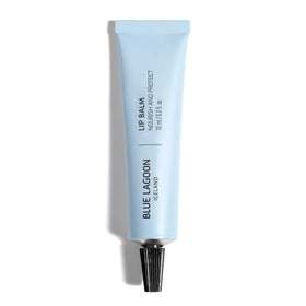 Blue Lagoon lip balm front packaging showing label and peppermint scent benefit