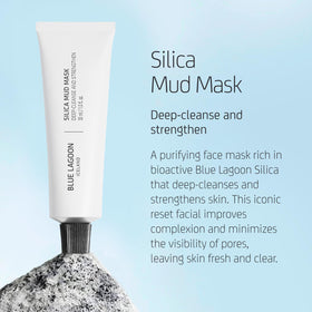 Model applying Blue Lagoon mask to face demonstrating easy at-home spa use