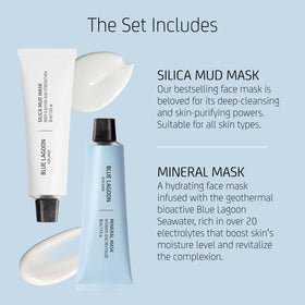 Blue Lagoon mineral mask shown alongside measuring dropper demonstrating hydrating boost benefit