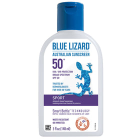 BLUE LIZARD front packaging showing SPF 50+ protection and active benefit