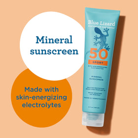 Blue Lizard product label highlighting mineral ingredients and reef-friendly claim