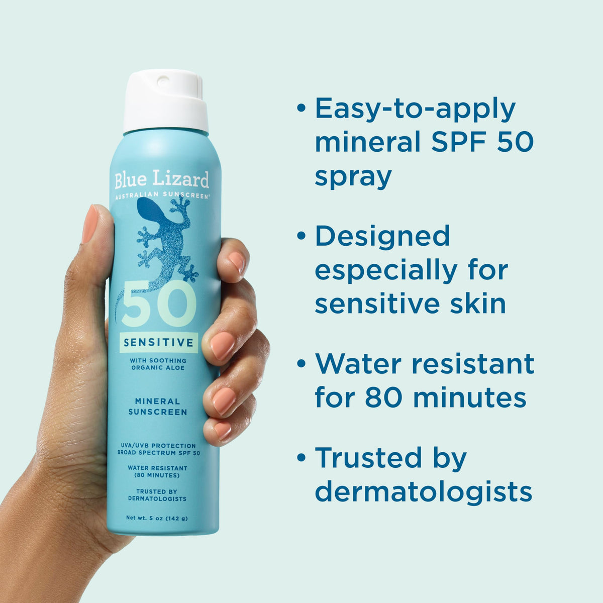 Blue Lizard spray applied to hands then face for safe, even coverage