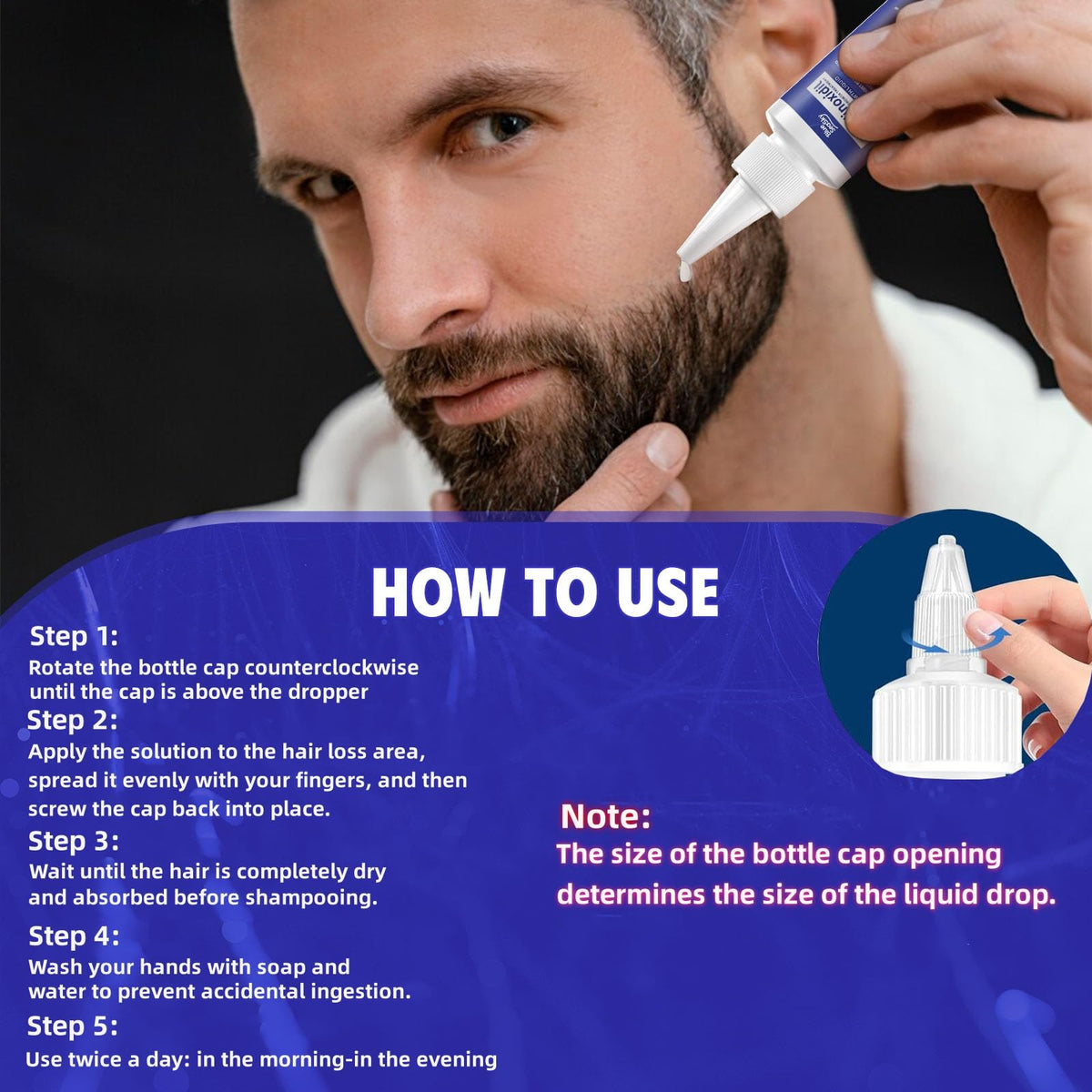 Blue Sea Sky close-up label highlighting 5% minoxidil and clean-ingredient benefits