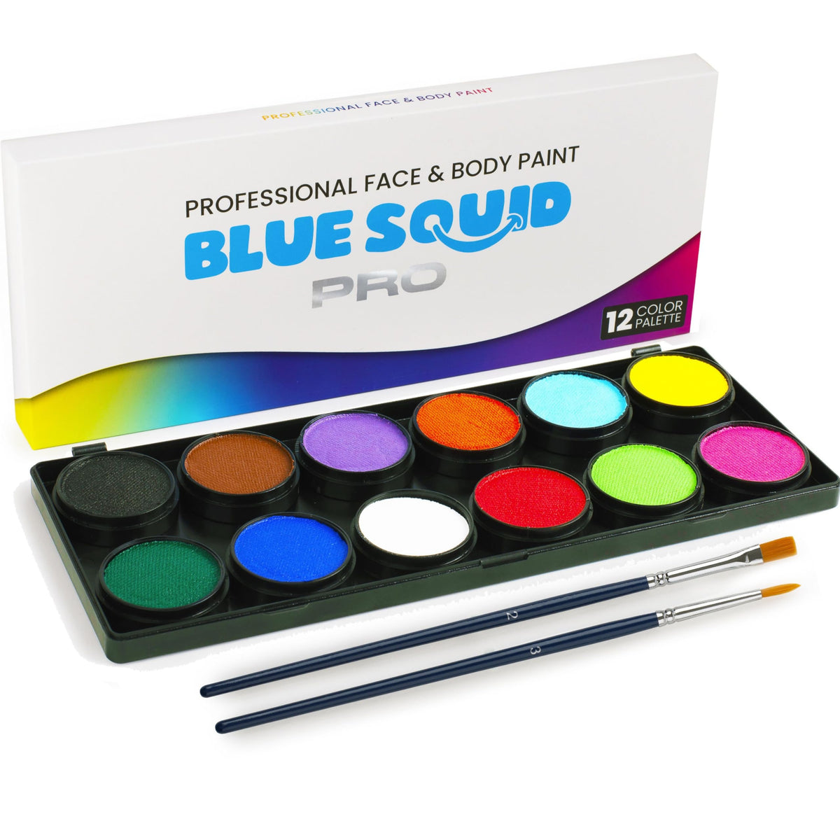 Blue Squid front palette showing 12 removable color pots and two brushes for professionals
