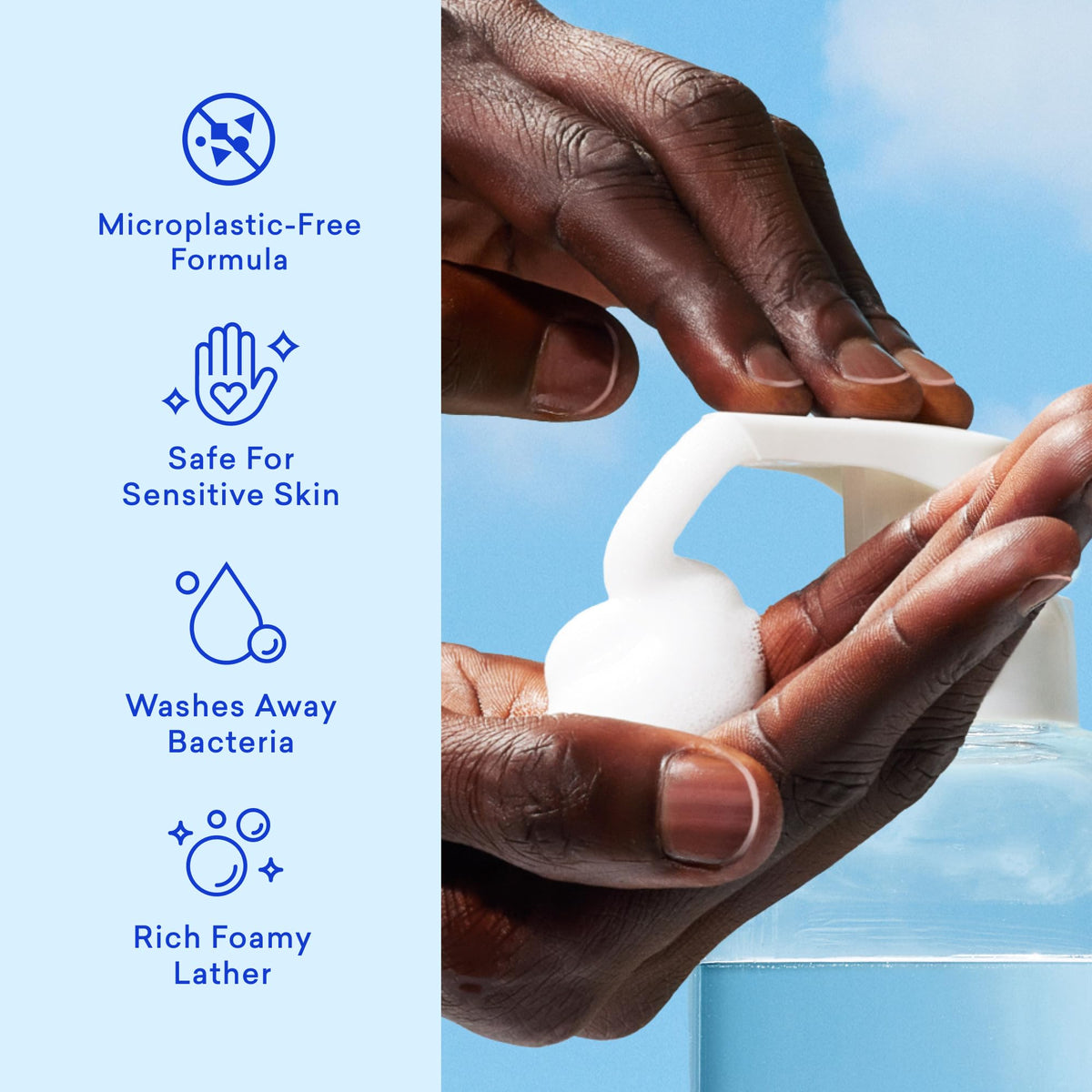 BLUELAND foam dispensing onto hand, creates gentle foaming lather for cleaner hands
