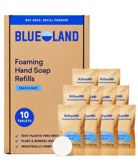 BLUELAND Forever Bottle front view showing Pacific Mist label and reusable design benefit