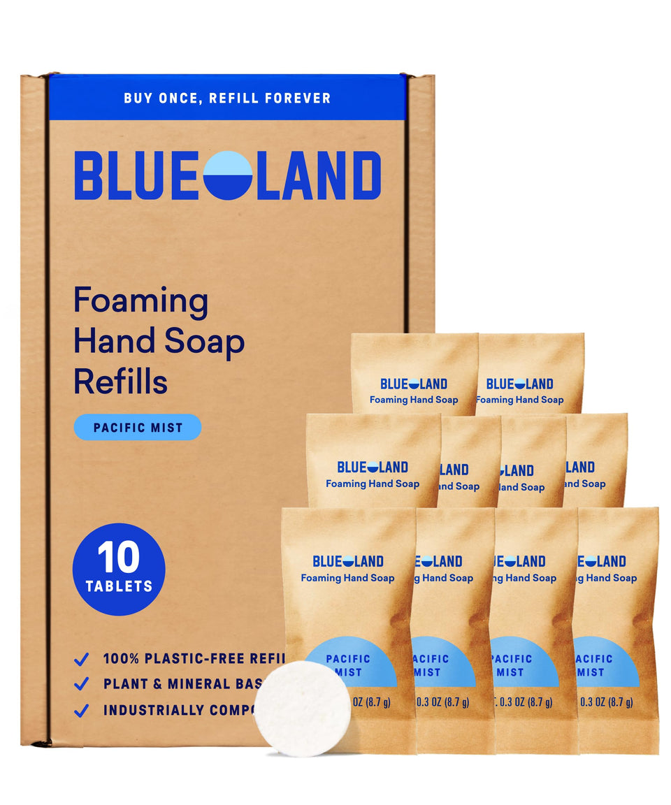 BLUELAND Forever Bottle front view showing Pacific Mist label and reusable design benefit